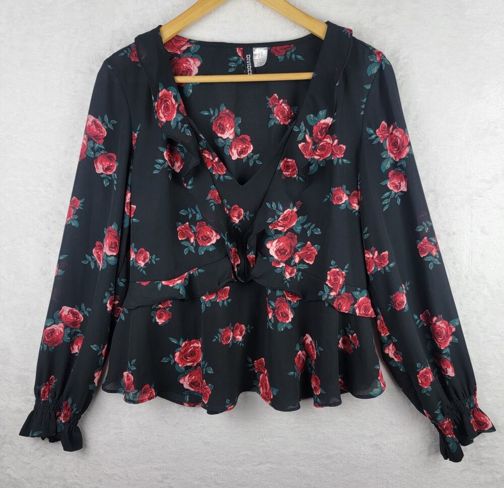 V Neck Blouse Sz 10 Layer Ruffled Long Sleeve Whimsigoth Black Red Floral Top